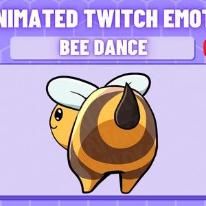 Könnte beinhalten: Animiertes Twitch-Emote einer Cartoon-Biene mit gelben und braunen Streifen, weißen Flügeln und einem schwarzen Stachel, die mit ihrem Hinterteil zum Betrachter tanzt. Das Emote trägt den Titel "Bee Dance".