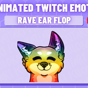 May include: Animated Twitch emote featuring a colorful fox with closed eyes and a happy expression. The emote is titled "Rave Ear Flop" and is displayed against a purple background.