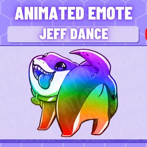 Può includere: Emote Twitch animato con uno squalo di cartone animato con uno schema di colori arcobaleno. Lo squalo indossa un collare verde con un'etichetta che dice "Jeff". L'emote è intitolato "Jeff Dance".
