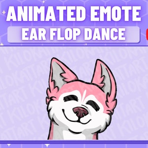 May include: Animated Twitch emote featuring a pink and white husky with closed eyes and a smile. The text "ANIMATED EMOTE EAR FLOP DANCE" is displayed above the husky.