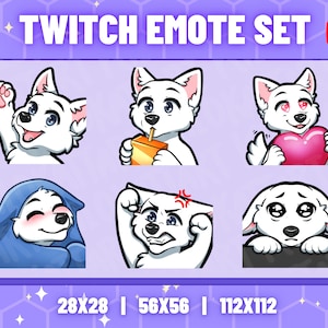 Cute White Dog Emote Set - Furry Style - Kawaii - Wolf - Twitch - Discord - Animal - Stream - Ready To Use - Gaming - Emoji - Set of 6