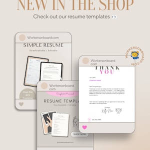 May include: An image showcasing resume templates with the text "NEW IN THE SHOP" and "Check out our resume templates." The templates are displayed on digital devices, with the website address "Workersonboard.com" visible.