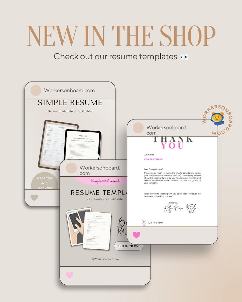 May include: An image showcasing resume templates with the text "NEW IN THE SHOP" and "Check out our resume templates." The templates are displayed on digital devices, with the website address "Workersonboard.com" visible.