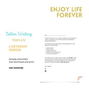 May include: A letter writing template featuring the text ENJOY LIFE FOREVER in gold. The document includes prewritten text about living in a world free of sickness and violence, with bullet points listing benefits and a reference to the website JW.ORG.