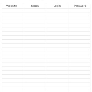 Password tracker printable sheet with notes.