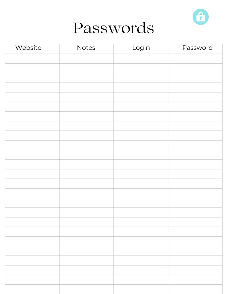 Password tracker printable sheet with notes.