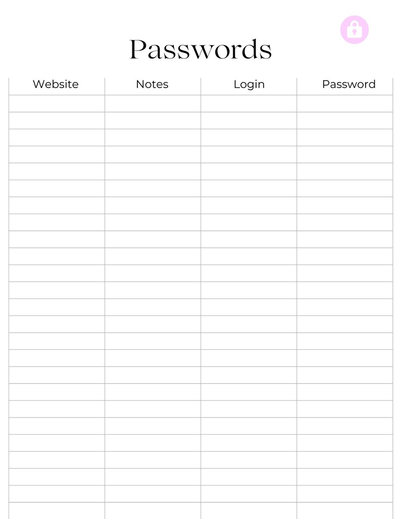 Password tracker printable sheet.