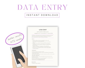 Data Entry Resume Template: Modern ATS Resume (Canva Editable) (Digital Download)