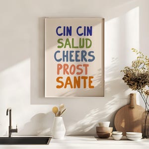 Cheers Saludのカラフルなプリント、Cin Cinのレトロなワインアート、ファンキーなバーカートアート、ヴィンテージのハッピーアワーアート