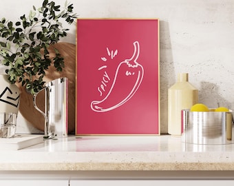 Chilli Pepper Wall Art Printable, Red Kitchen Decor, Spicy Food Poster, Retro Kitchen Wall Art, Minimal Food Print (Digital Download)