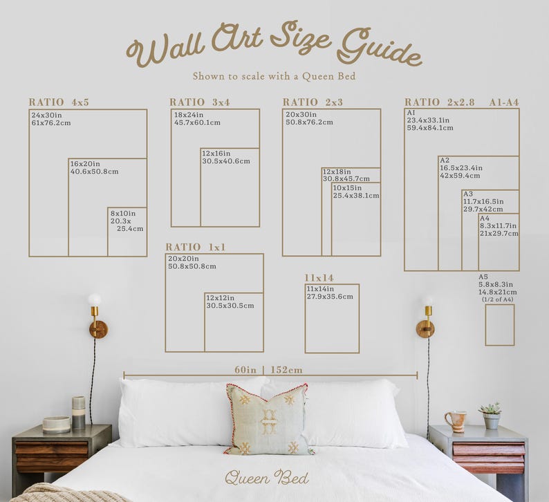 May include: A wall art size guide with dimensions in inches and centimeters, shown to scale with a queen bed. The guide includes ratios such as 4x5, 3x4, 2x3, 2x2.8, and 1x1, with corresponding sizes like 24x30 inches and 61x76.2cm.