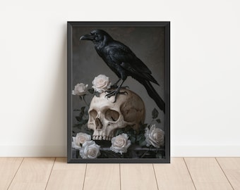 Puede incluir: Impresión artística enmarcada que representa un cuervo negro posado sobre una calavera humana, rodeado de rosas blancas. La obra de arte tiene un tema gótico con una paleta de colores oscuros. Los detalles del cuervo y la calavera son muy definidos.