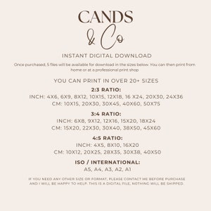 May include: A digital download advertisement with the text "CANDS & Co" in a stylish font. The image lists various print sizes in inches and centimeters, including 4x6, 6x9, 8x12, and more. It also states that the digital file is available in ISO international sizes.