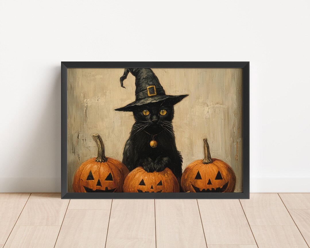 Vintage Black Cat Halloween Art Print: Jack O'lantern Poster (digital ...