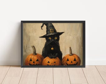 Vintage Black Cat Halloween Art Print: Jack O'Lantern Poster (Digital Download)