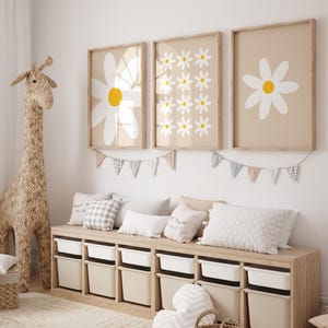 Stampa digitale di fiori di margherita, arte murale per ragazze boho, stampa decorativa per la stanza delle ragazze, decorazione murale per la stanza dei bambini, decorazione per la stanza delle ragazze, beige, set da 3