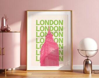Lámina decorativa de viaje de Londres para imprimir, póster del Big Ben, lámina con tipografía retro, decoración de viajes por el Reino Unido, arte de ciudades europeas (descarga digital)