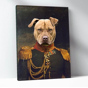 May include: A brown and white dog wearing a military uniform with gold trim and a red sash. The dog is looking directly at the viewer. The background is a dark green.