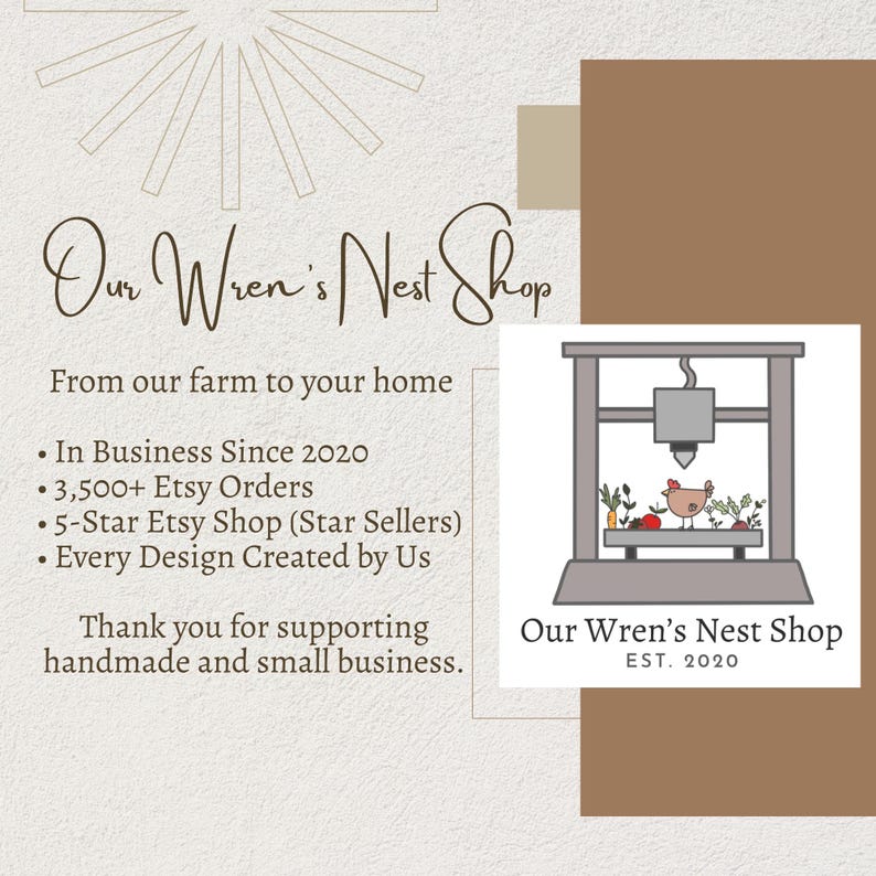 以下が含まれることがあります： Our Wren's Nest Shopのプロモーション画像。From our farm to your home、In Business Since 2020、3,500+ Etsy Orders、5-Star Etsy Shopのテキストと、プリントベッドの上に鶏と野菜が乗った3Dプリンターのロゴが描かれています。