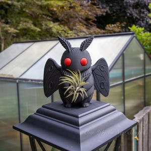 May include: A matte black moth figurine with large, round, bright red eyes and textured wings. The moth is holding a small, spiky, light green air plant in its front limbs. The figurine is positioned on top of a black, square-shaped post cap.
