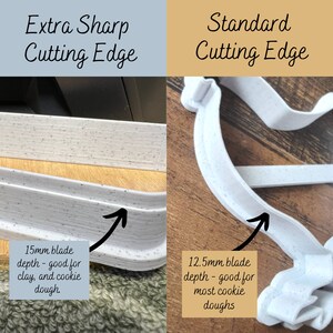 May include: Image comparing two cookie cutter edges: "Extra Sharp Cutting Edge" with a 15mm blade depth, and "Standard Cutting Edge" with a 12.5mm blade depth. Text indicates the extra sharp edge is good for clay and cookie dough.