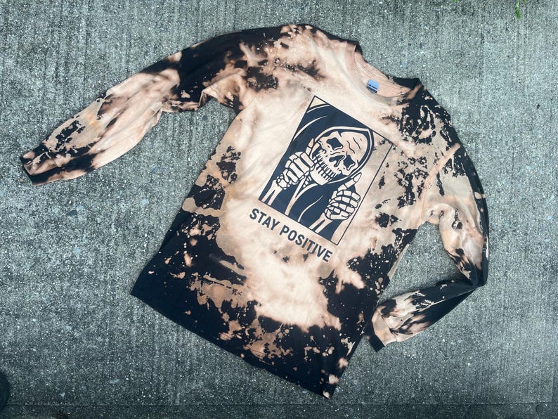 Stay Positive Grim Reaper Skeleton Bleach Dyed Shirt Adult Size Shirt image 6