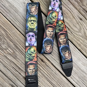 Vintage Classic Horror Monster Movie Custom Guitar Strap Frankenstein, Dracula, Wolfman, Bride of Frankenstein, Creature from Black Lagoon
