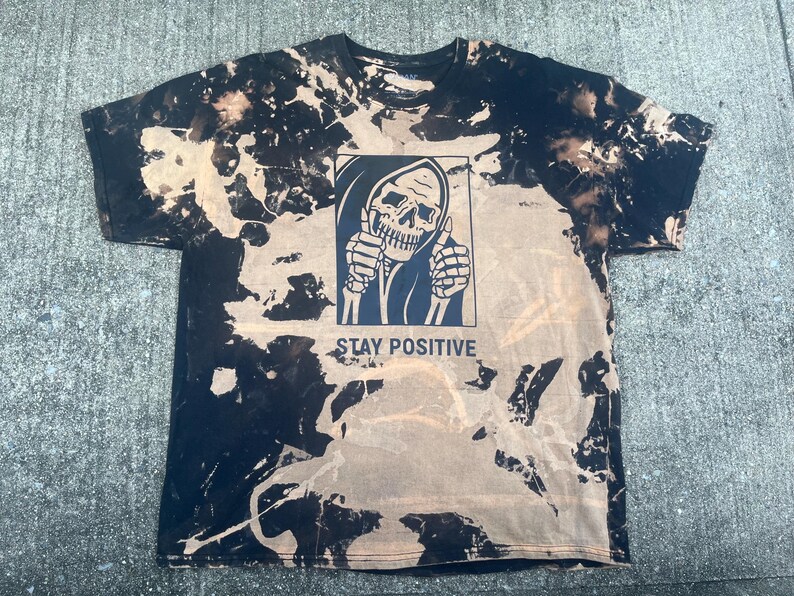 Stay Positive Grim Reaper Skeleton Bleach Dyed Shirt Adult Size Shirt image 7