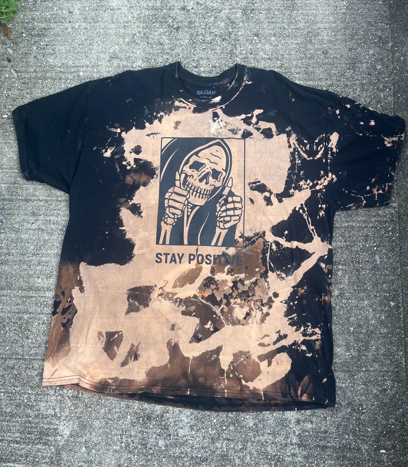 Stay Positive Grim Reaper Skeleton Bleach Dyed Shirt Adult Size Shirt image 3