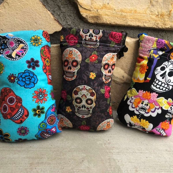 Halloween print day of the dead sugar skull snake, pumpkin, skeleton padded drawstring bag pipe pouch sunglasses case glass pipe bag