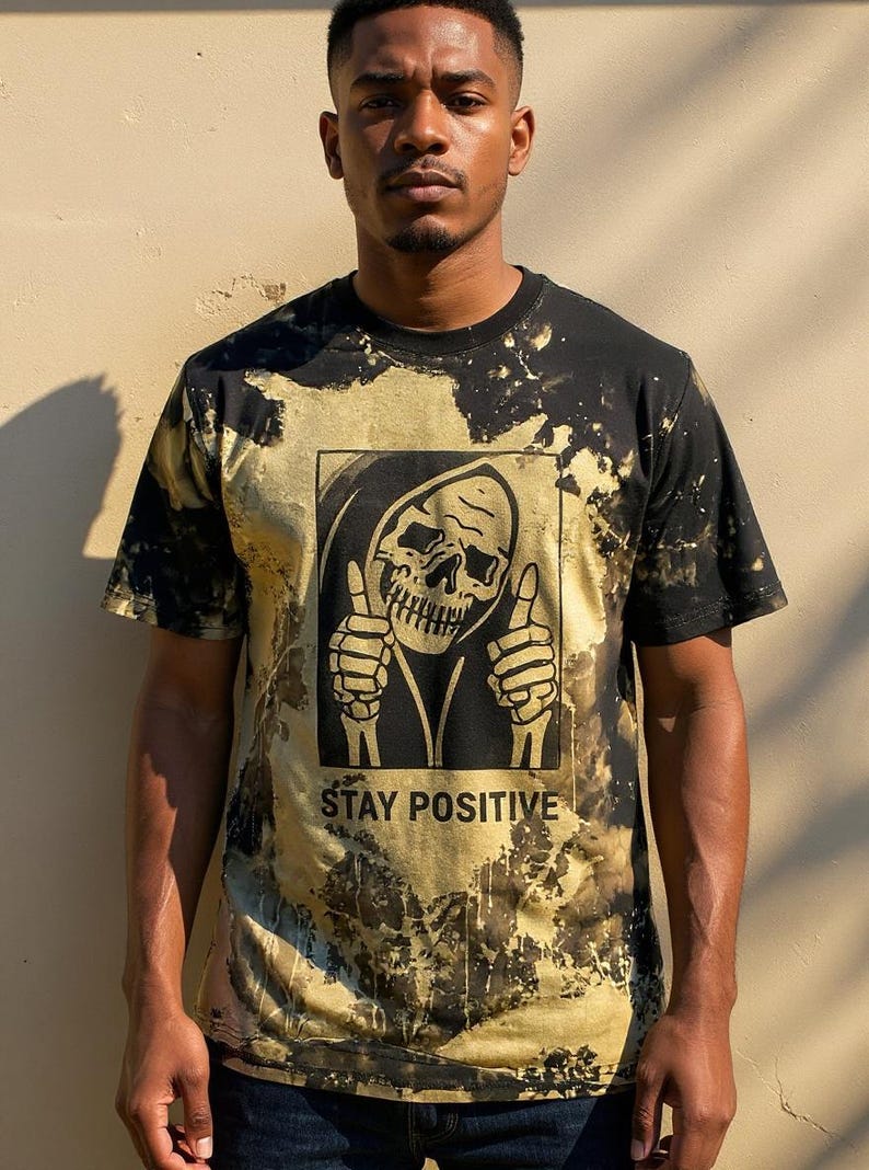 Stay Positive Grim Reaper Skeleton Bleach Dyed Shirt Adult Size Shirt image 8