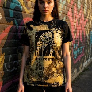 Stay Positive Grim Reaper Skeleton Bleach Dyed Shirt Adult Size Shirt image 9
