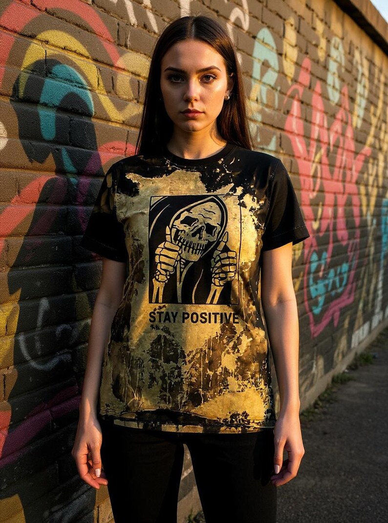 Stay Positive Grim Reaper Skeleton Bleach Dyed Shirt Adult Size Shirt image 9