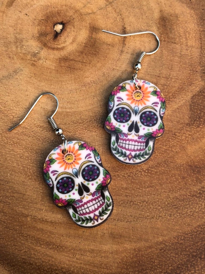 Acrylic day of the dead sugar skull earrings Halloween skeleton jewelry