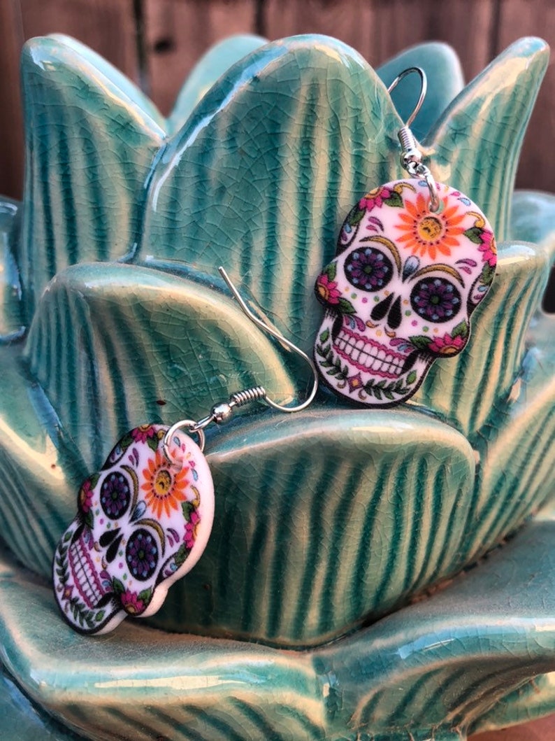 Acrylic day of the dead sugar skull earrings Halloween skeleton jewelry