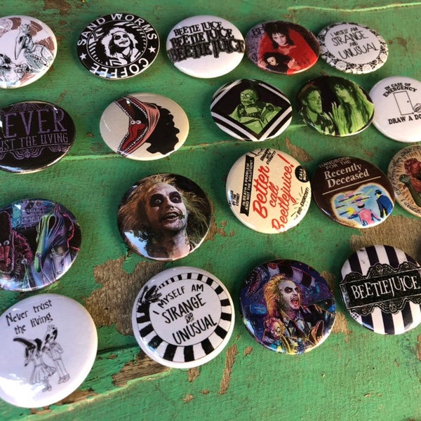 Beetle juice movie pack of 20 buttons never trust the living 1.25 inch pinback lydia deetz handbook for deceased strange and unusual party