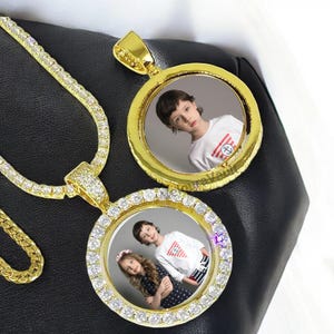 Customized Double-Side Picture Necklace, Cubic Zircon Jewelry, Photo Pendant Necklace, Hip Hop Necklace, wedding gift, Memorial Gift for Mom