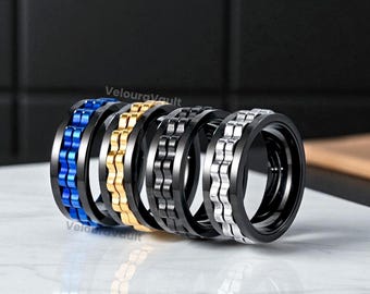Anillos Giratorios Para Ansiedad Hombre - Acero Inoxidable Negro Y Dorado, Múltiples Tamaños