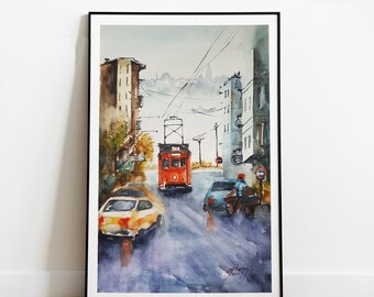 Printable Watercolor Painting, Downloadable Istanbul Watercolor, Cityscape Watercolor Painting, Digital Print, Tram Painting, Printable Art