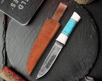 Damascus Knife, Personalized gifts for him, Knife with sheath, Personalized Groomsmen Gifts For Men, Groomsman gift, Father's day gifts