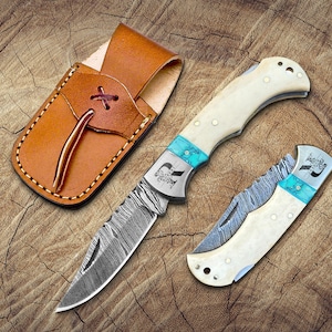 Handmade Damascus Pocket Knife Bone and turquoise Handle Folding Knife Birthday Gift Groomsmen Gift Wedding Personalized Gifts for Men