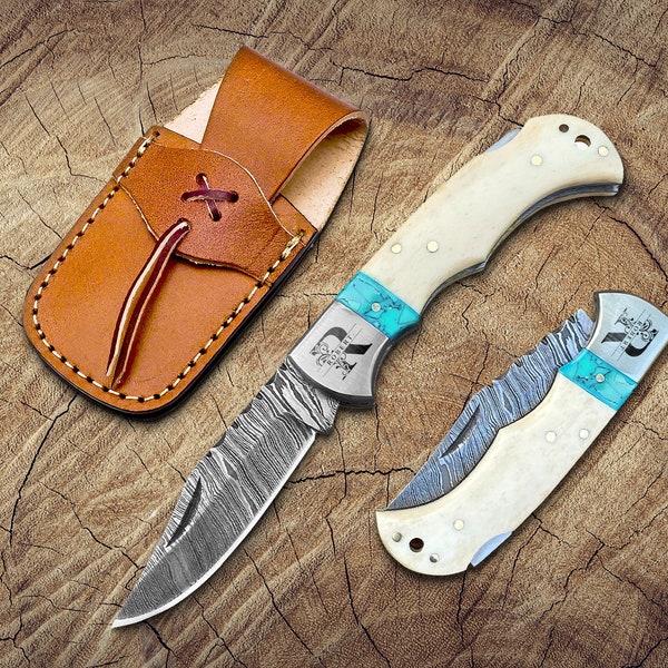 Handmade Damascus Pocket Knife Bone and turquoise Handle Folding Knife Birthday Gift Groomsmen Gift Wedding Personalized Gifts for Men