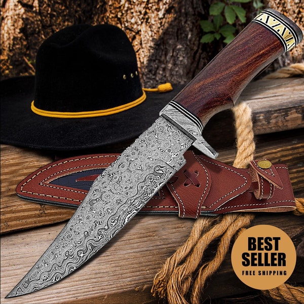 Handmade Damascus bowie knife with sheath, Fixed blade hunting knife, camping knife, Handmade Gifts For Men USA