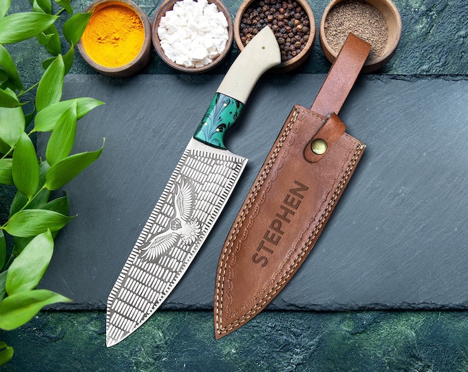 Stainless steel chef knife, Handmade chef set, Eagle pattern Kitchen Knife, Anniversary Wedding Gift, Birthday Gift, Cool chef knife