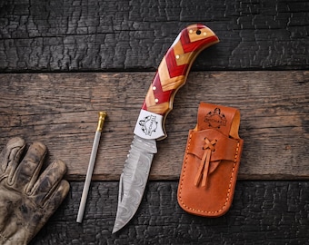 Fire Chief Gift, Personalized Damascus Knife, Engraved Pocket Knife, Fire Department Gift, Custom Firefighter Gift, Leather Sheath, Men gift