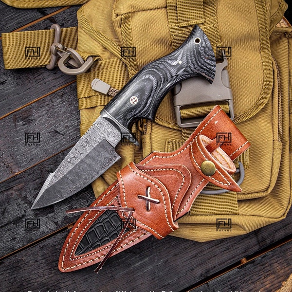 Cuchillo de Damasco, Regalos personalizados para él, Cuchillo de caza, Regalos para padrinos de boda, Cuchillo hecho a mano, Regalos para hombres, Cuchillo personalizado con funda