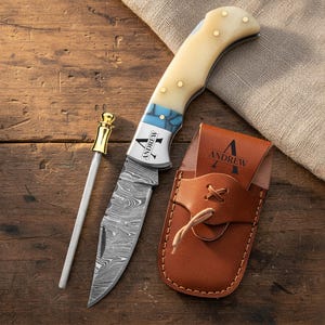 Handmade Damascus Pocket Knife Bone and turquoise Handle Folding Knife Birthday Gift Groomsmen Gift Personalized Gifts for him