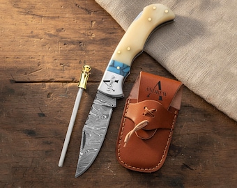 Handmade Damascus Pocket Knife Bone and turquoise Handle Folding Knife,Birthday Gift Groomsmen Gift Personalized Gifts for him Gifts for dad