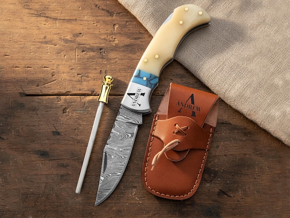 Handmade Damascus Pocket Knife Bone and turquoise Handle Folding Knife Birthday Gift Groomsmen Gift Personalized Gifts for him