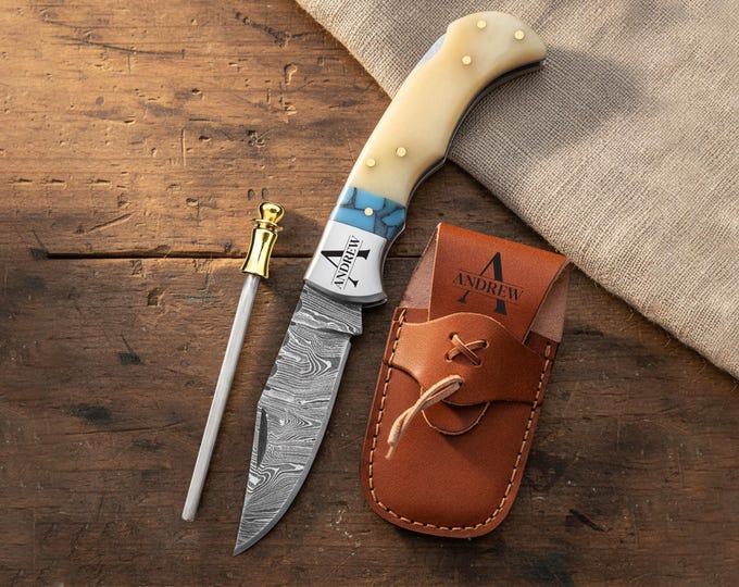 Handmade Damascus Pocket Knife Bone and turquoise Handle Folding Knife,Birthday Gift Groomsmen Gift Personalized Gifts for him Gifts for dad